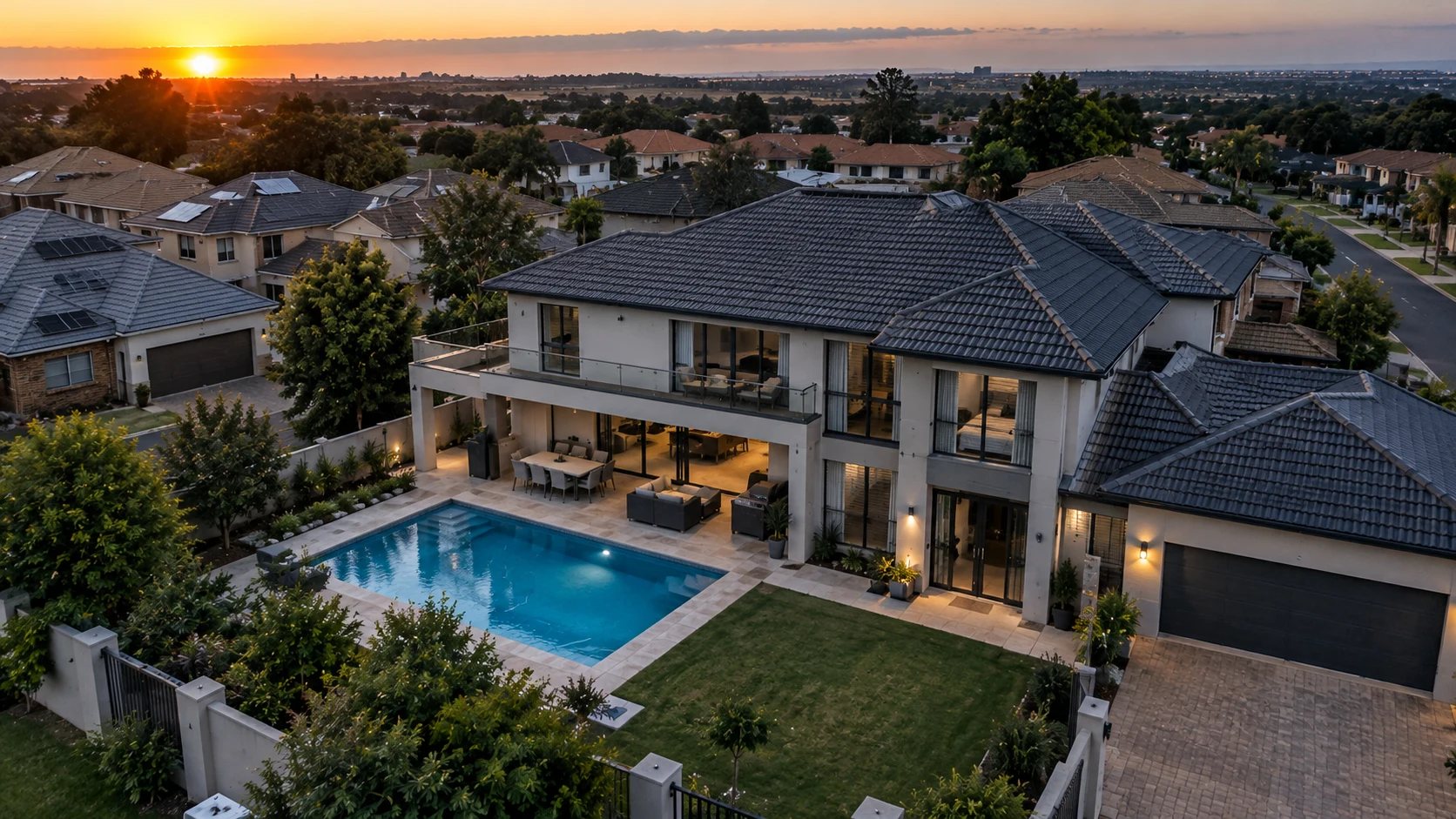 Illustration of an aerial view of a suburban property at sunset