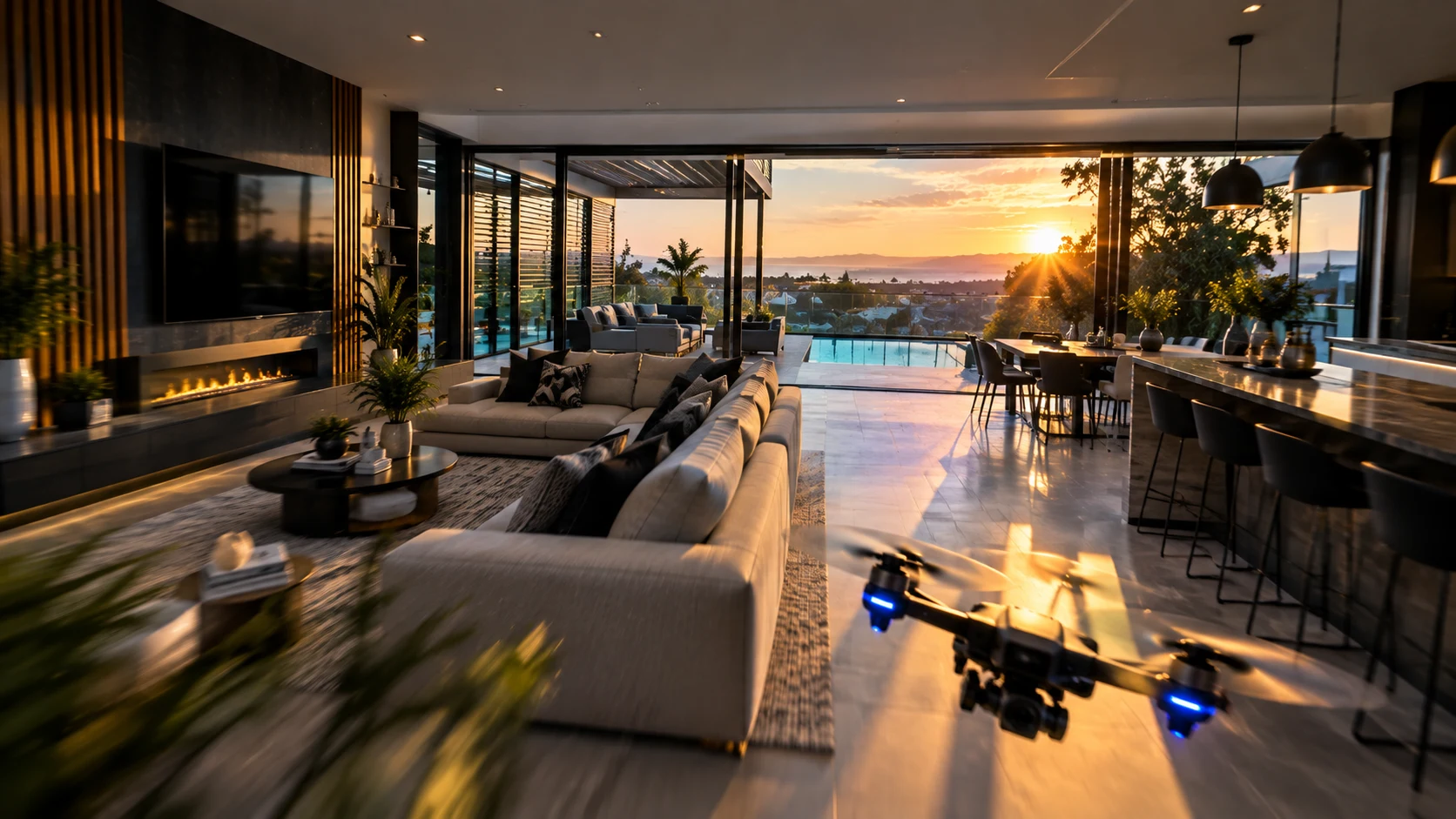 Illustration of a cinematic drone fly-through in a luxury home at sunset
